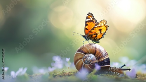 realistic illustration of a small butterfly riding on a speeding snail