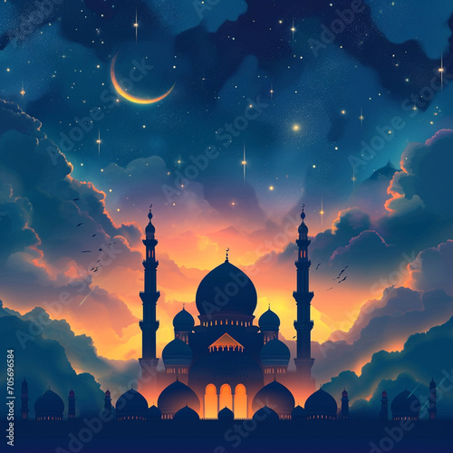 Ramadan background with crescent, stars and glowing clouds above mosque, ai technology