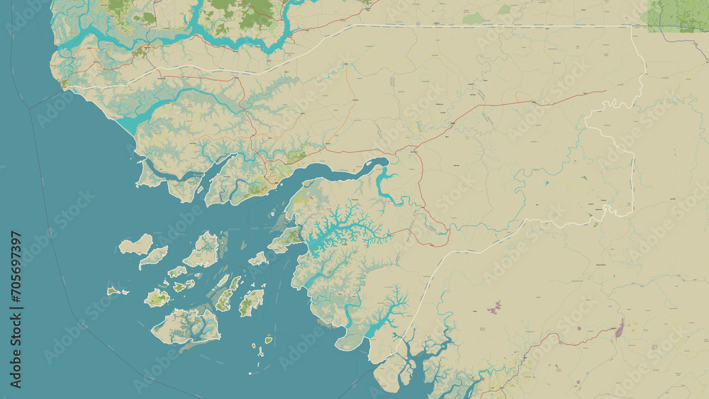 Guinea-Bissau outlined. OSM Topographic Humanitarian style map