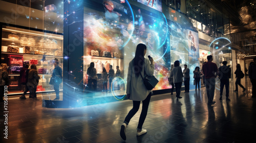 Interactive digital display in a bustling shopping mall photo