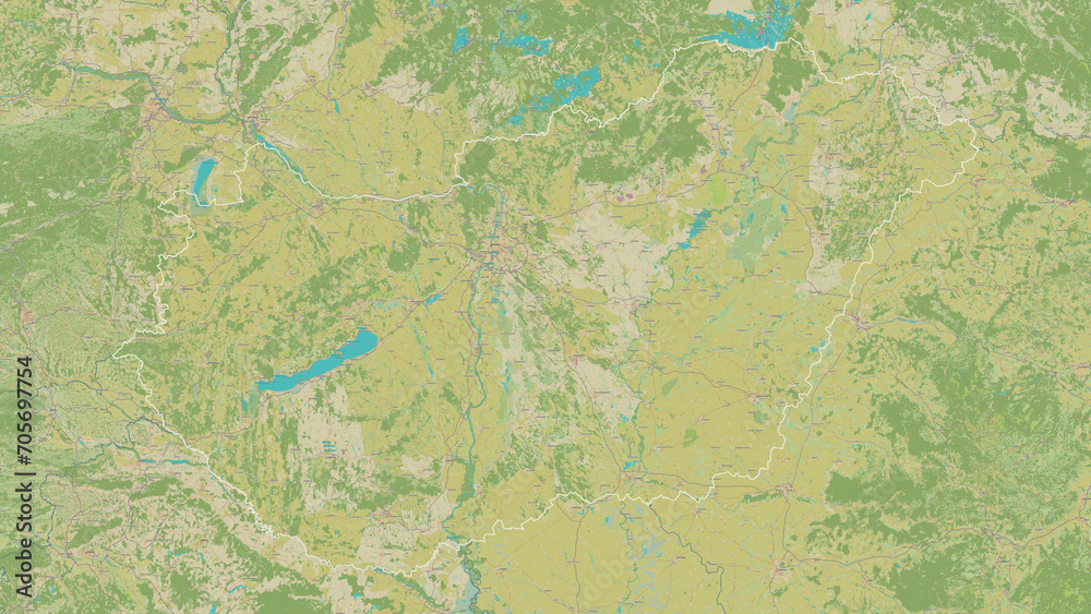 Hungary outlined. OSM Topographic Humanitarian style map