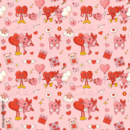 Fototapeta Naklejka Na Ścianę i Meble -  Seamless pattern with groovy hearts for Valentine's Day
