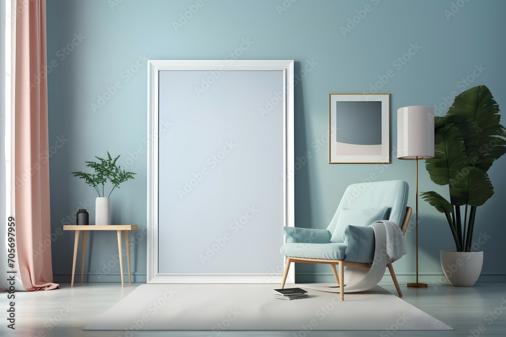 mockup photo frame in pastel color living room with blue walls and a hardwood floor, Photoshoot, Shot on 65mm lens, Shutter Speed 1 4000, F 1.8 White Balance, 32k, Super-Resolution, Pro Photo RGB, Hal - obrazy, fototapety, plakaty 