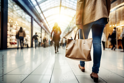 Mujer con bolso de compras caminando en un centro comercial. Vista desde atrás, comprando ropa y regalos en rebajas y descuentos comerciales. photo