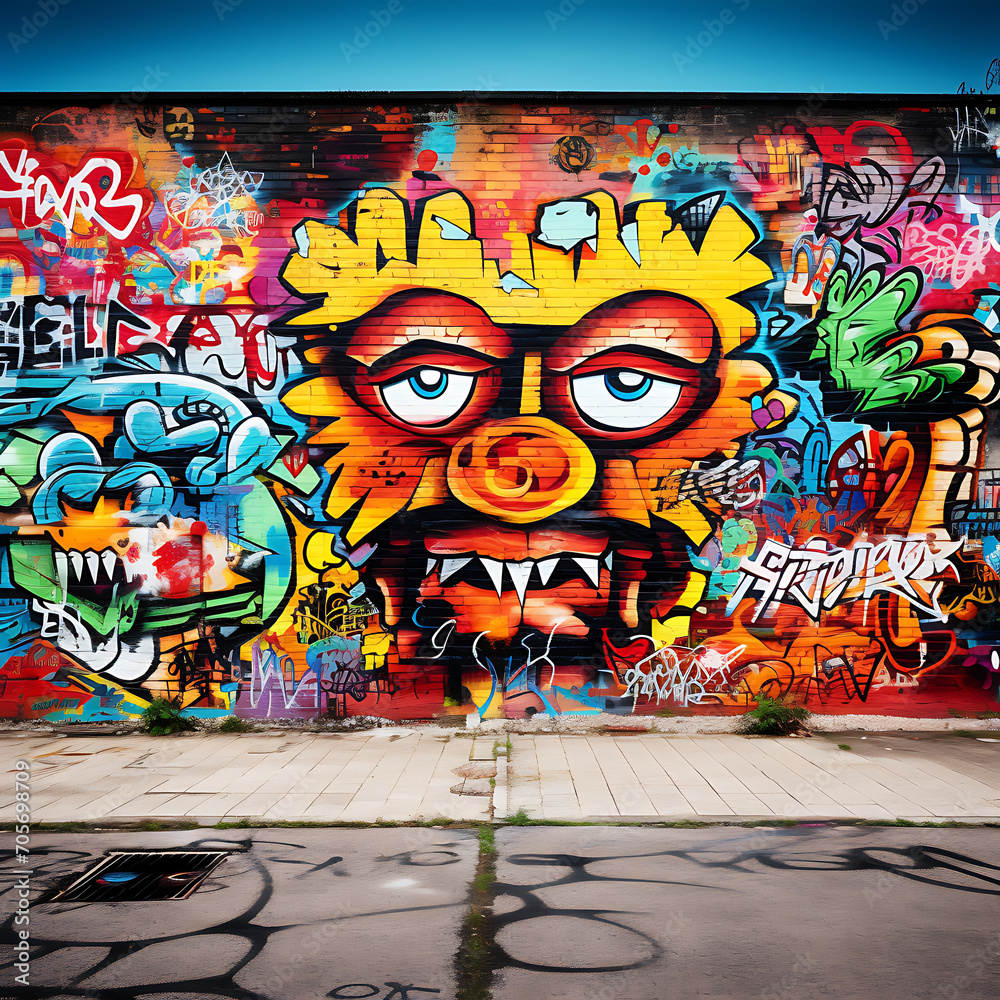 Colorful graffiti wall with urban elements, representing creativity in the streets. with Copy Space