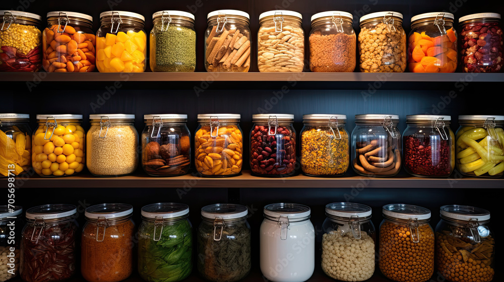 Glass Jars on Pantry Shelves - Home Organization