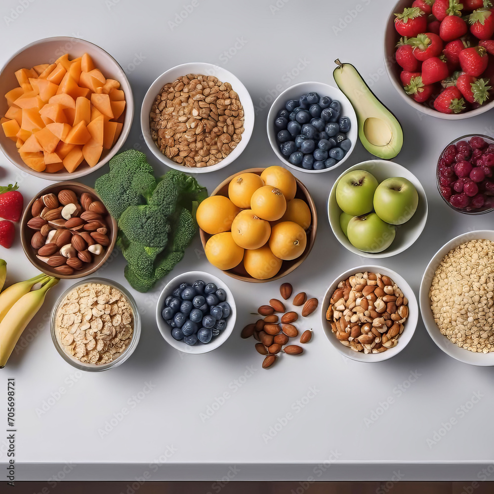 Healthy food from fruits, vegetables, grains, nuts and superfoods, dietary and balanced vegetarian products with a view on the kitchen countertop, Healthy food from fruits, vegetables, grains, nuts and superfoods, dietary and balanced vegetarian products with a view on the kitchen countertop,