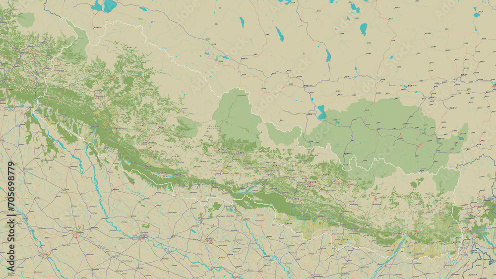 Nepal outlined. OSM Topographic Humanitarian style map