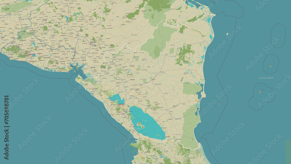 Nicaragua outlined. OSM Topographic Humanitarian style map