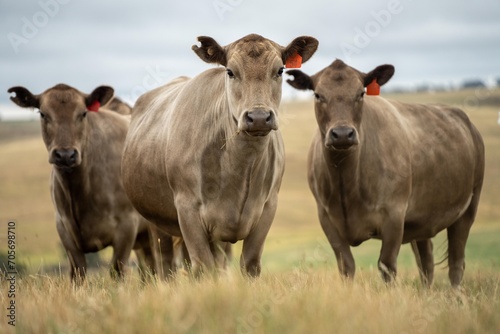 Stud Beef bulls, fat cows and calves grazing on grass in a field, in Australia. breeds of cattle include speckled park, murray grey, angus, brangus and wagyu on long pasture in a dry summer