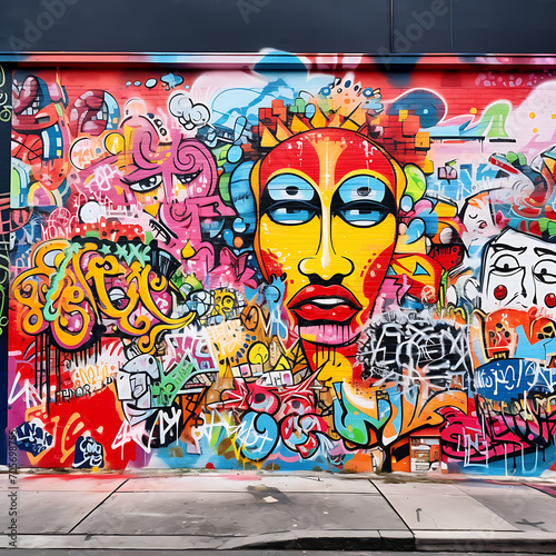 Colorful graffiti wall with urban elements  representing creativity in the streets. with Copy Space