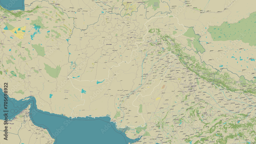 Pakistan outlined. OSM Topographic Humanitarian style map
