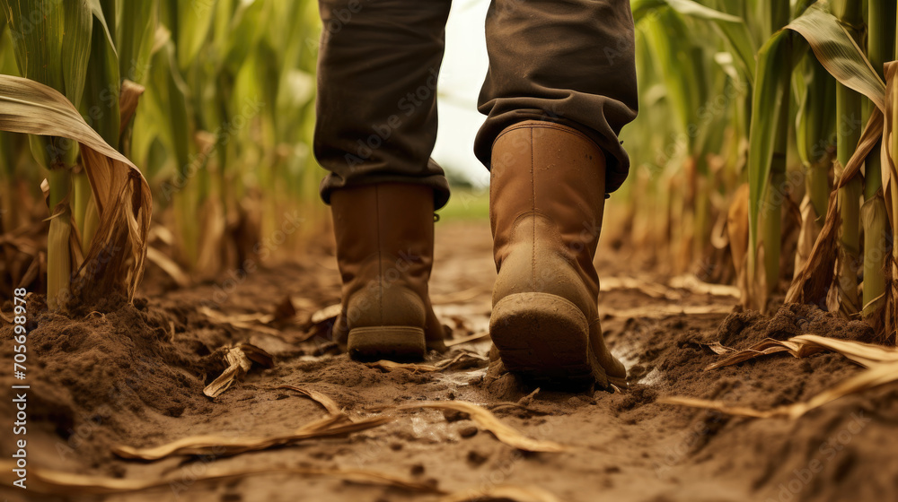 Farmer wearing rubber boots walking in cornfield at sunset Farmer wearing rubber boots walking in cornfield at sunset