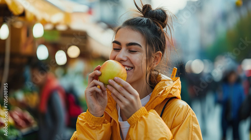 Attractive and joyful young female eats ripe apple outdoor on food market