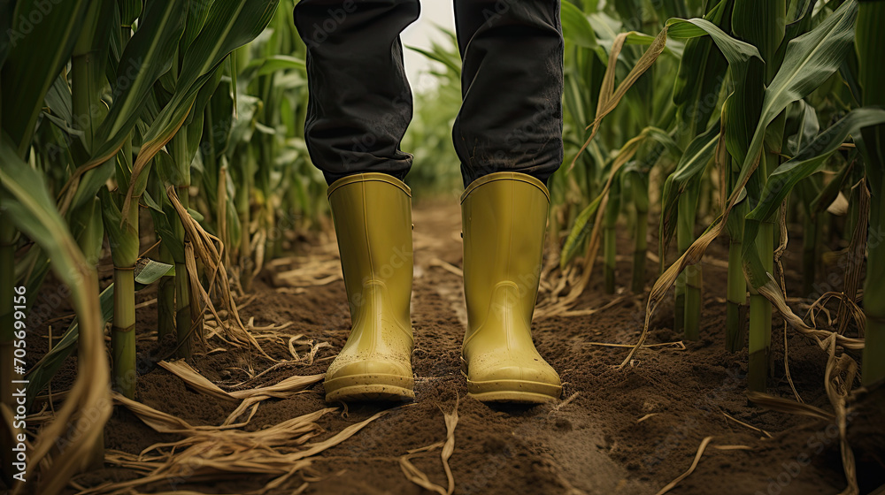 Farmer wearing rubber boots walking in cornfield at sunset Farmer wearing rubber boots walking in cornfield at sunset