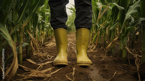 Farmer wearing rubber boots walking in cornfield at sunset
