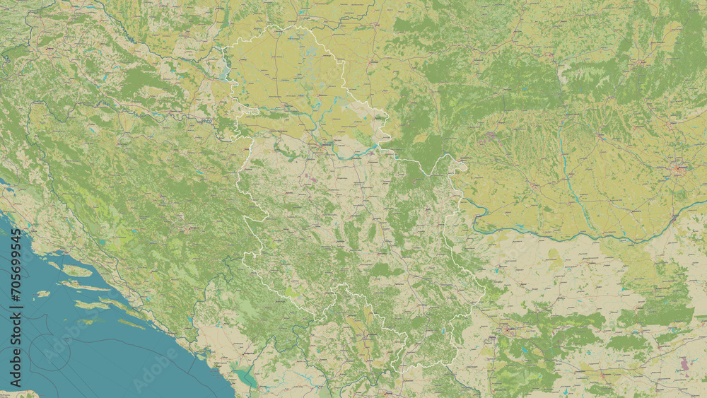 Fototapeta premium Serbia outlined. OSM Topographic Humanitarian style map