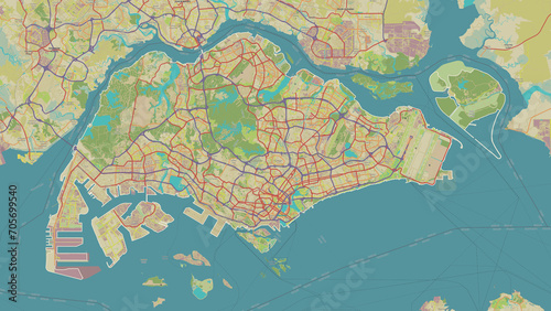 Fototapeta Naklejka Na Ścianę i Meble -  Singapore outlined. OSM Topographic Humanitarian style map