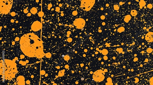 Abstract black background with orange dots and splashes of paint