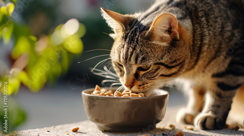 Cute tabby cat eating from a bowl of nuts outdoors.
