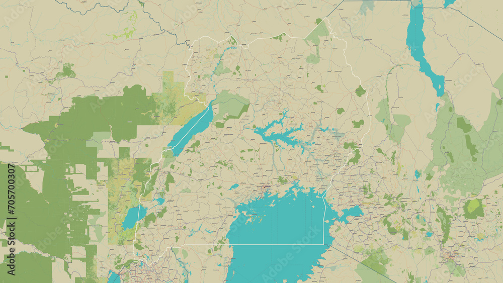 Fototapeta premium Uganda outlined. OSM Topographic Humanitarian style map