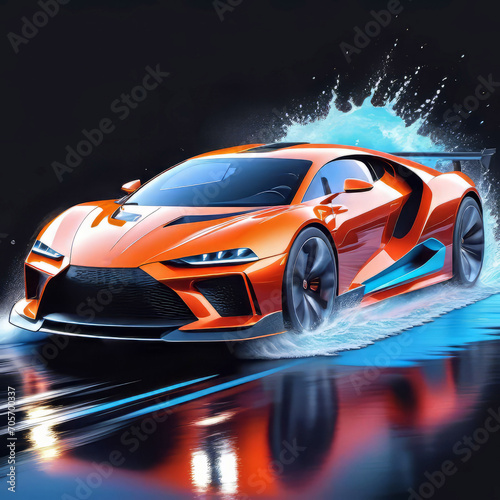 Modern car in bright light and splashes of water, beautiful graphic illustration, pop art, 