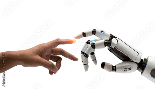 AI, Machine learning, Hands of robot and human touching on white backgorund