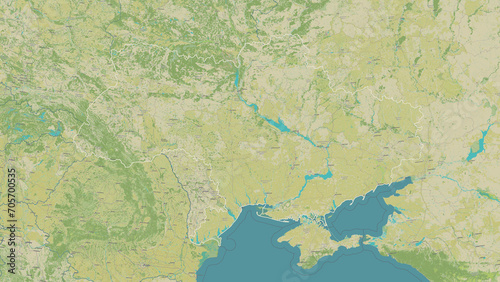 Ukraine between 2014 and 2022 outlined. OSM Topographic Humanitarian style map