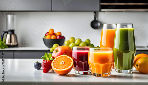 healthy fresh fruit and vegetable juice with fruits on empty wooden tabletop on light background, empty copy space