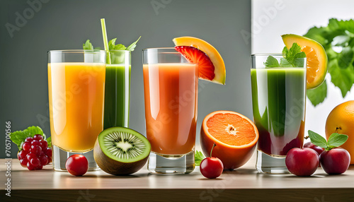 healthy fresh fruit and vegetable juice with fruits on empty wooden tabletop on light background, empty copy space