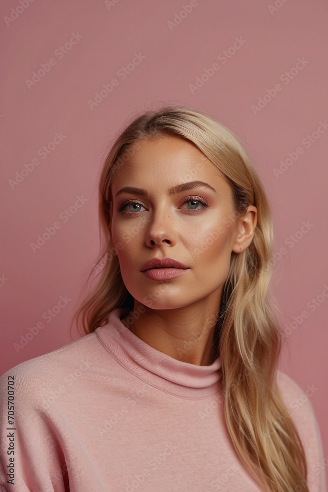 Fototapeta premium Close-up of a portrait of a beautiful young blonde woman with plump lips, green eyes looking at the camera on a pink background.