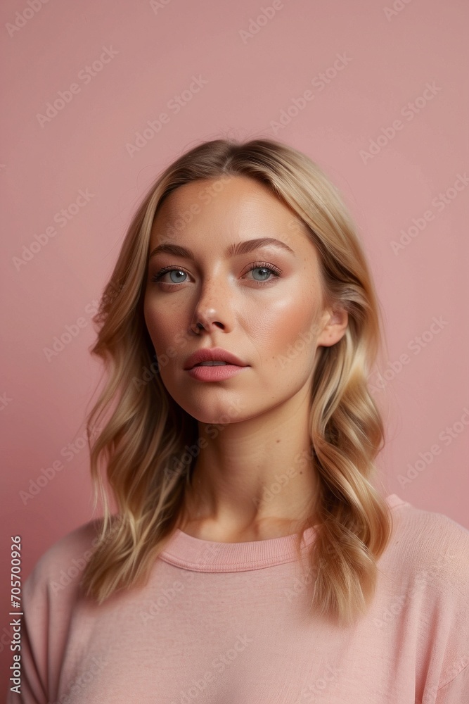 Close-up of a portrait of a beautiful young blonde woman with green eyes looking at the camera on a pink background. Close-up of a portrait of a beautiful young blonde woman with green eyes looking at the camera on a pink background.