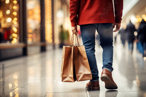 Vista desde atrás de hombre con bolsas en la mano en un centro comercial adquiriendo regalos y ropa con descuentos especiales para rebajas.