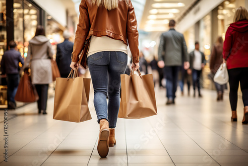 Vista desde atrás de una mujer con bolsas de compras en un centro comercial adquiriendo ropa y regalos en rebajas y ofertas comerciales. photo