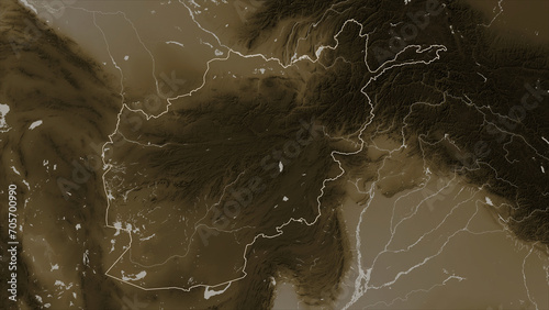 Afghanistan outlined. Sepia elevation map