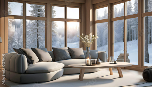 Cozy sofa with pillows and a coffee table by the window overlooking the winter forest, Scandinavian interior design of a modern living room in a chalet, Modern interior design with decoration,