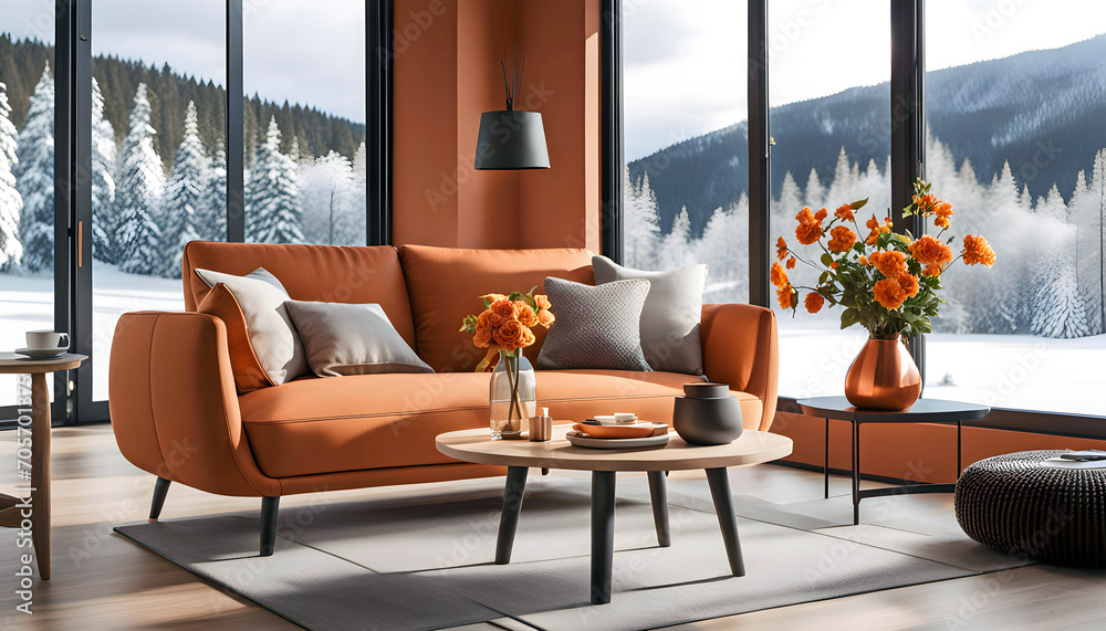 Fototapeta premium Cozy sofa with pillows and a coffee table by the window overlooking the winter forest, Scandinavian interior design of a modern living room in a chalet, Modern interior design with decoration,