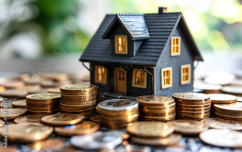 Concept of property investment, income , tax, and passive income. Mini house on stack of coins