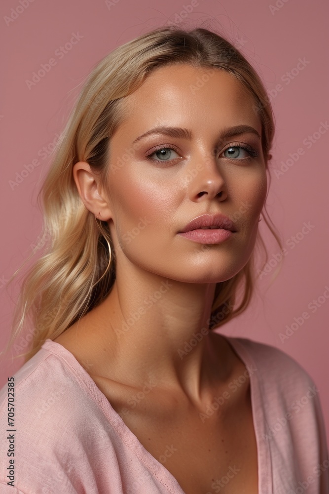 Close-up of a portrait of a beautiful young blonde woman with plump lips, green eyes looking at the camera on a pink background. Close-up of a portrait of a beautiful young blonde woman with plump lips, green eyes looking at the camera on a pink background.