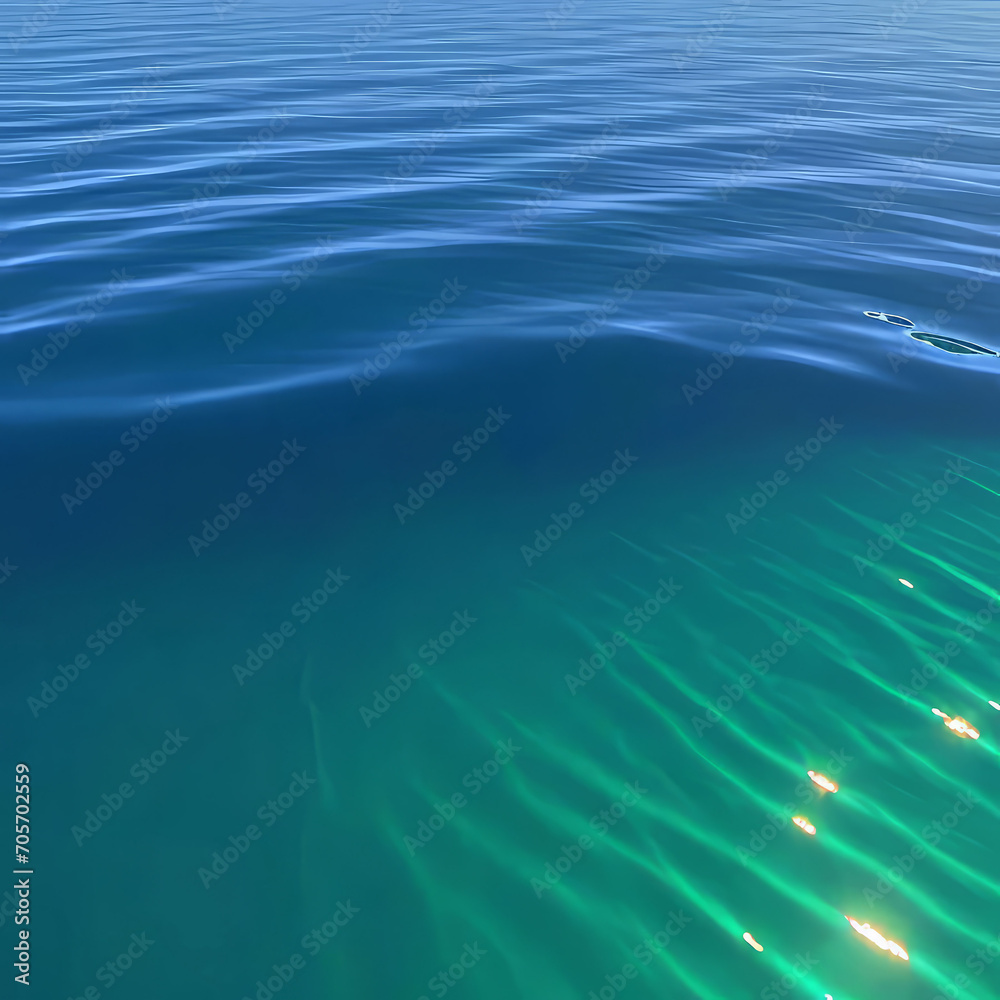 Obraz premium Ocean surface on an island in California with gentle ripples on the surface and refraction of light, clear water, stones at the bottom of the sea, clean environment concept,
