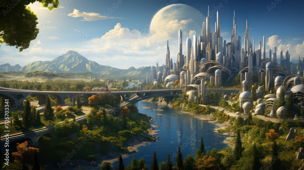 Fototapeta premium Eco-advanced cityscape with tall, sleek towers near tranquil river, beneath deep blue sky