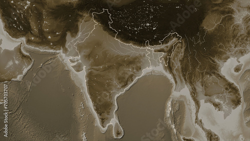 India outlined. Sepia elevation map photo