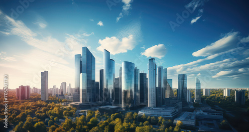 Glass business buildings rise amidst nature in modern sustainable city area in sunset lights photo