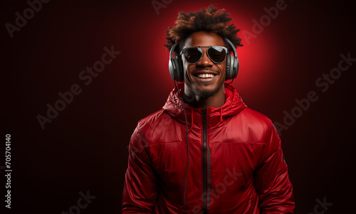 Portrait happy smiling african american man with 
 headphones listening music. Generative AI