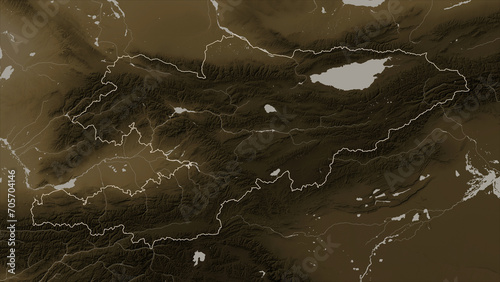 Kyrgyzstan outlined. Sepia elevation map