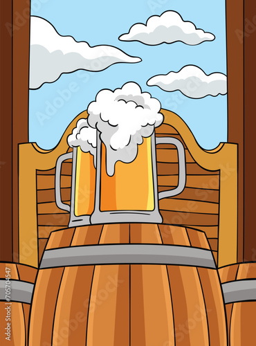 Cowboy Beer Barrel Colored Cartoon Illustration