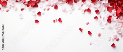 Valentine s day background with red and white rose petals.