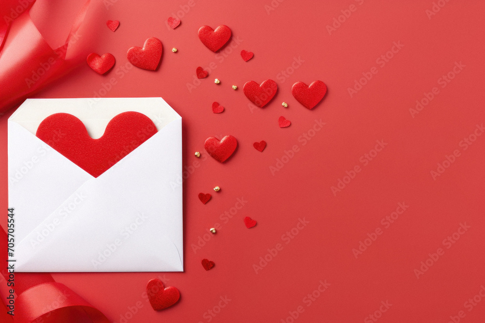 Valentine's day love letter with red hearts on red background.