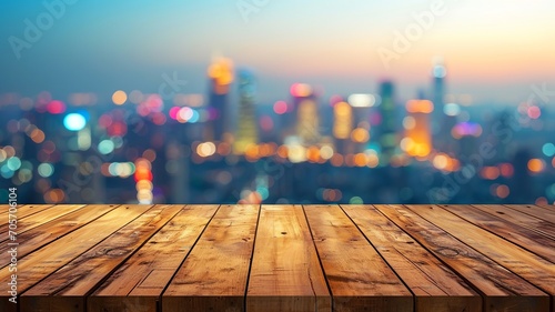 Wooden Table Top with Vibrant Cityscape Background and Copy Space


