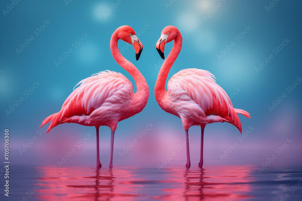 Obraz premium Pink flamingo on blue color in water. Generative ai